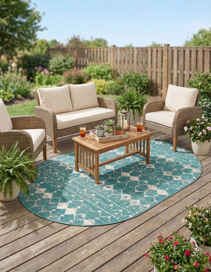 Detail image of  5' 3 x 8'  Washable Lattice Indoor / Outdoor Oval Rug