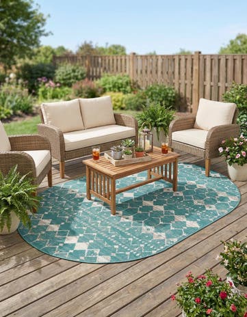 Teal Easy-Clean Lattice Indoor / Outdoor Oval Rug