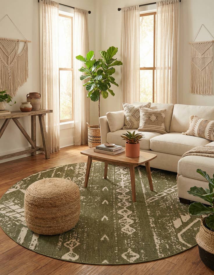 Detail image of 7' 10 x 7' 10 Easy-Clean Bohemian Indoor / Outdoor Round Rug