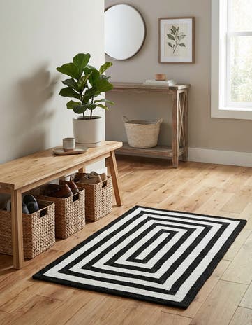 Black and White Easy-Clean Eco Verse Washable Indoor / Outdoor Rug