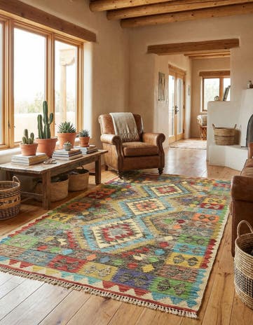 3' 8 x 6' 3 Hand Woven Kilim Maymana Wool Rug