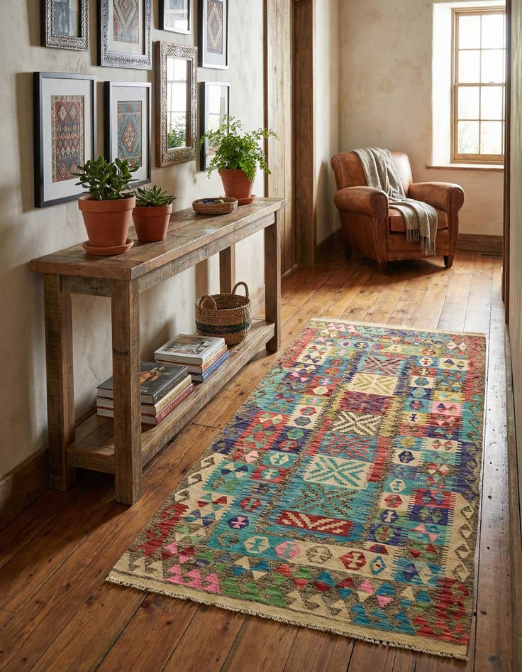 Detail image of 3' 4 x 6' 7  Hand Woven Kilim Maymana Wool Runner Rug