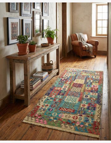 3' 4 x 6' 7 Hand Woven Kilim Maymana Wool Runner Rug