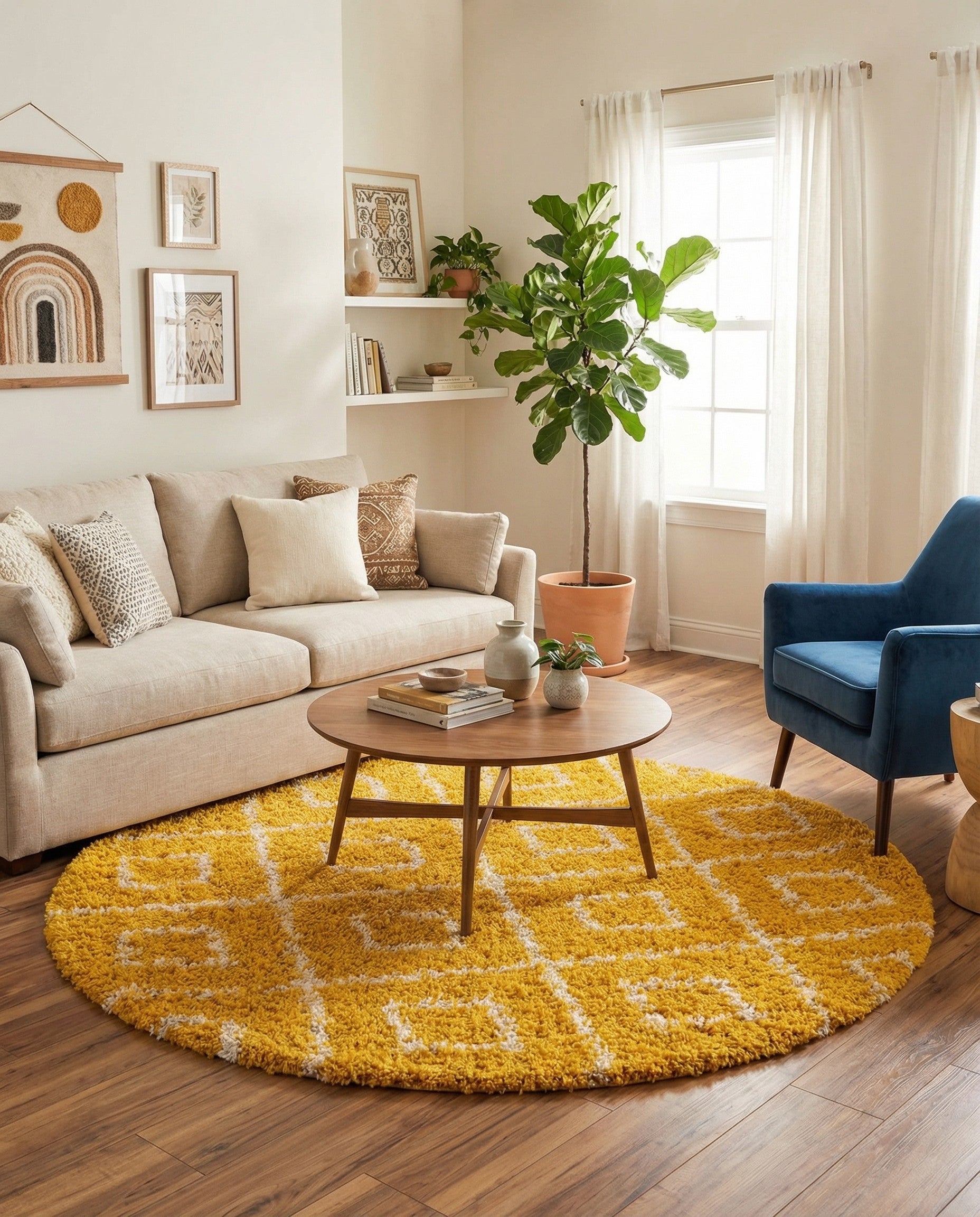 A round, yellow shag rug with a white modern trellis pattern, featuring a textured high-low pile.