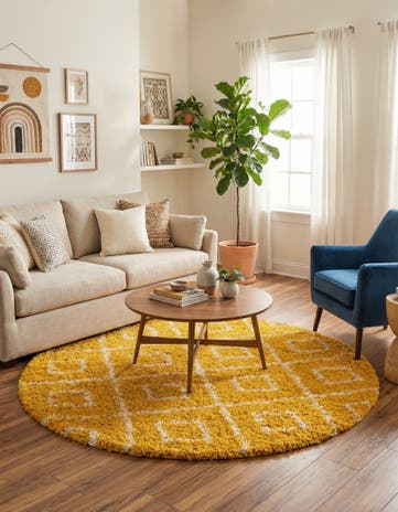 Yellow Lattice Shag Round Rug