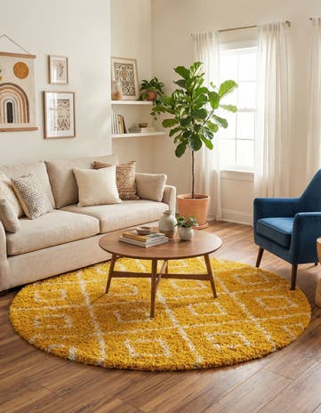 Yellow Lattice Shag Round Rug