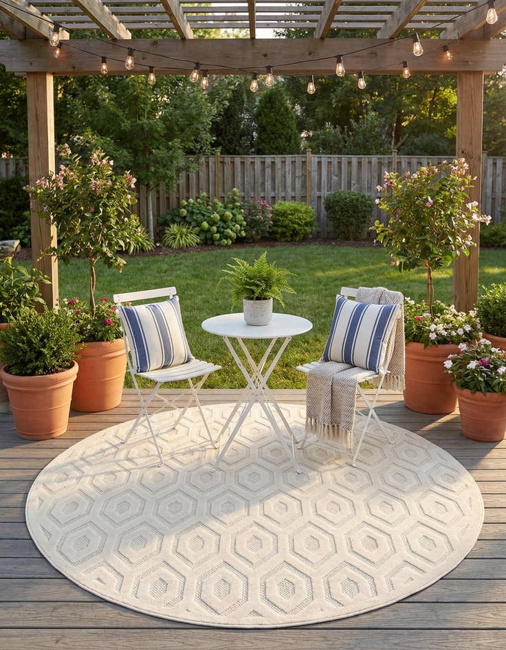 Detail image of 7' x 7'  Washable Trellis Textured Indoor / Outdoor Round Rug