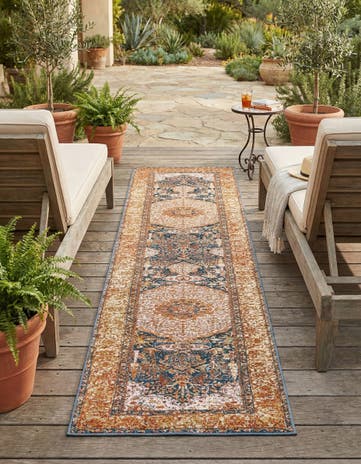 Navy Blue and Light Pink Easy-Clean Traditional Indoor / Outdoor Runner Rug