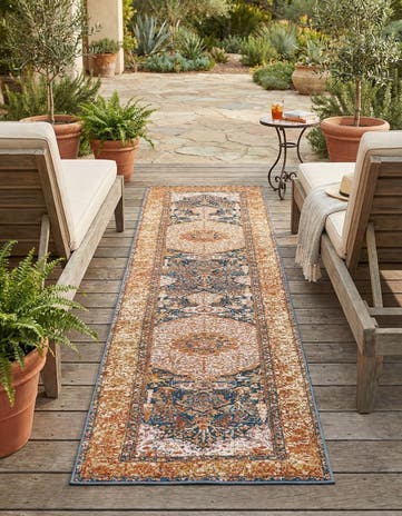 Navy Blue and Light Pink Easy-Clean Traditional Indoor / Outdoor Runner Rug
