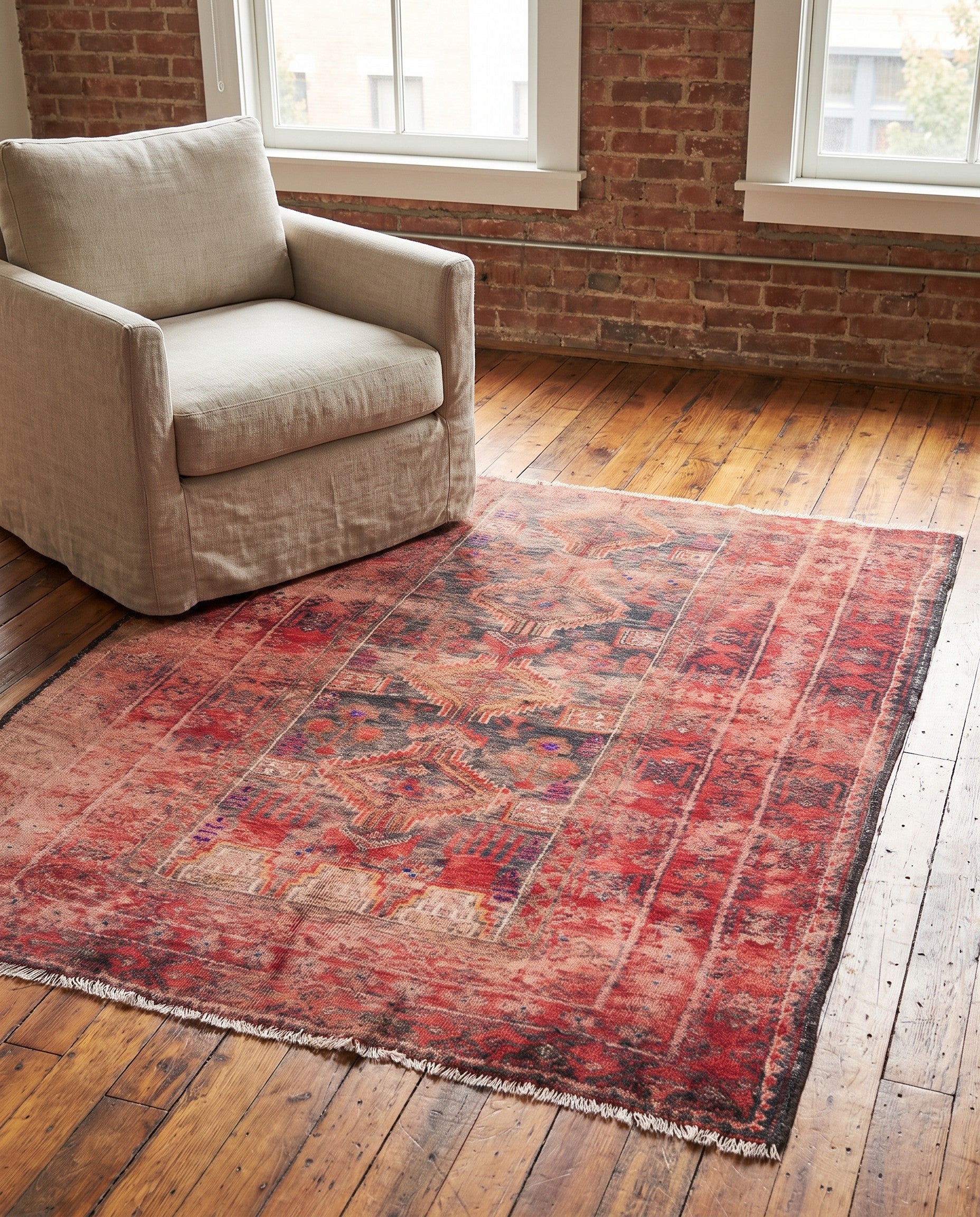 3' 7 x 4' 3 Hand Knotted Ultra Vintage Persian Wool Square Rug
