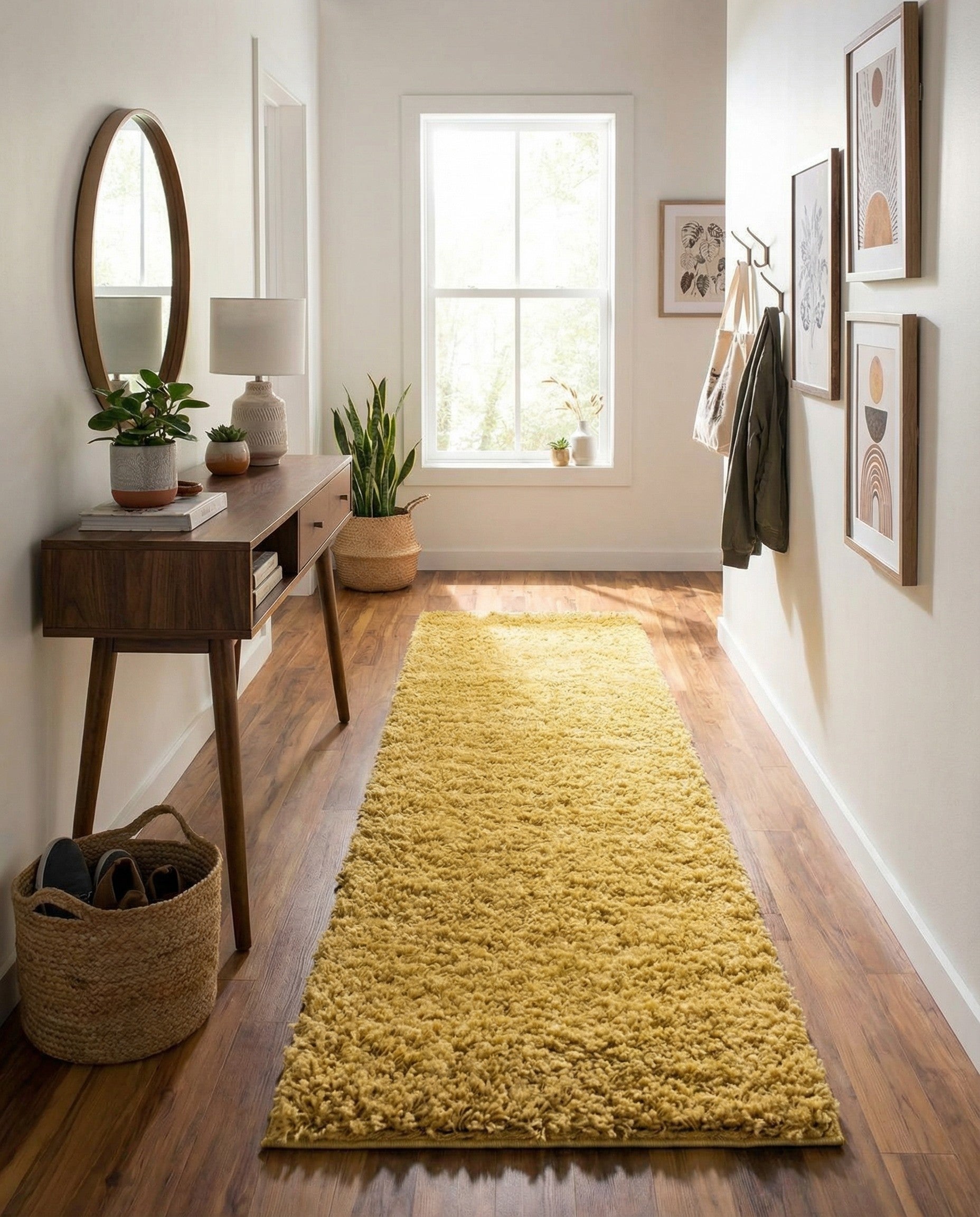 A long, rectangular 13 ft runner rug in a solid golden yellow color with a plush shag pile, ideal for a hallway.