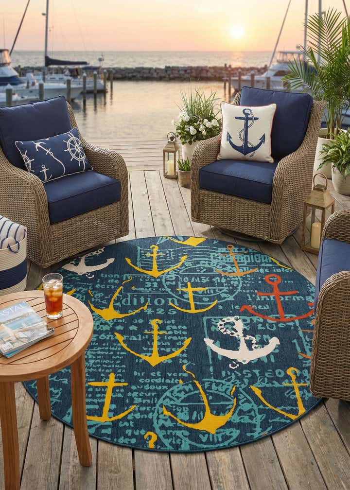 7' 10 x 7' 10 Easy-Clean Coastal Indoor / Outdoor Round Rug