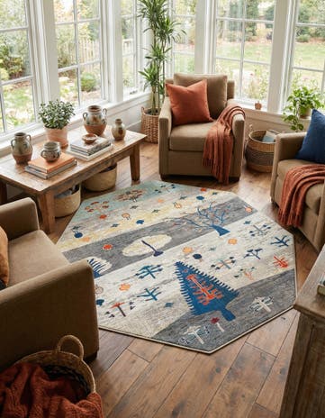 Ivory Gray Blue Washable Vivid Octagon Rug