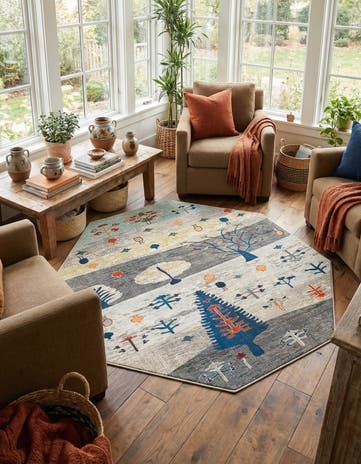 Ivory Gray Blue Washable Vivid Octagon Rug