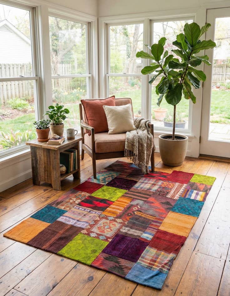 Detail image of 4' x 5' 8  Hand Woven Kilim Patchwork Wool Rug