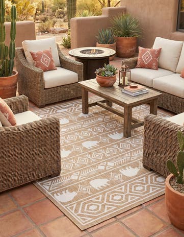 Taupe Easy-Clean Southwestern Indoor / Outdoor Square Rug