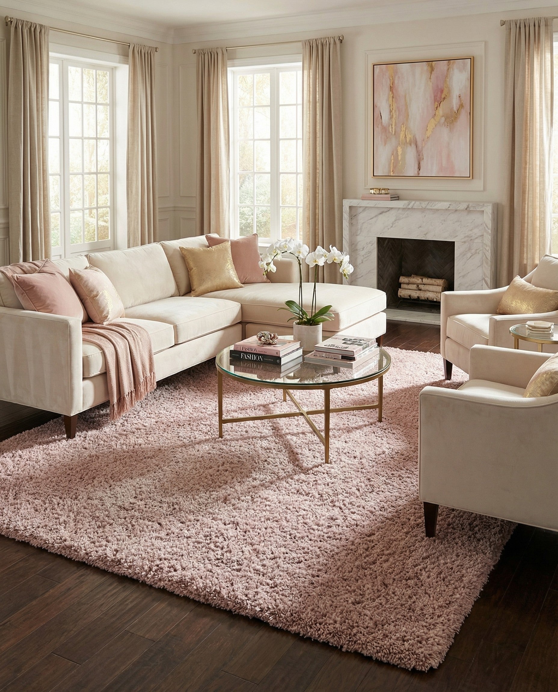 A rectangular 9x12 pink shag rug with a textured pile, perfect for a cozy living room or bedroom.
