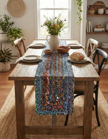 Blue and Multi Handmade Braided Chindi Table Runner Rug
