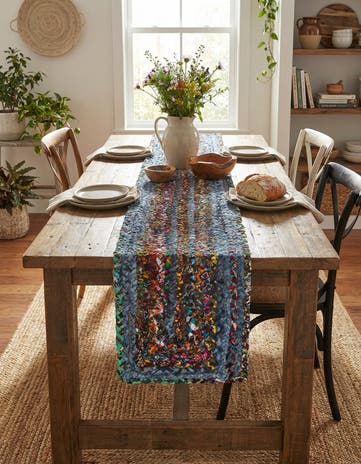 Blue and Multi Handmade Braided Chindi Table Runner Rug