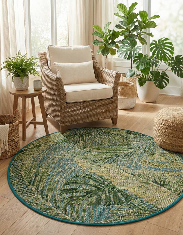 Detail image of 3' x 3'  Washable Botanical Indoor / Outdoor Round Rug
