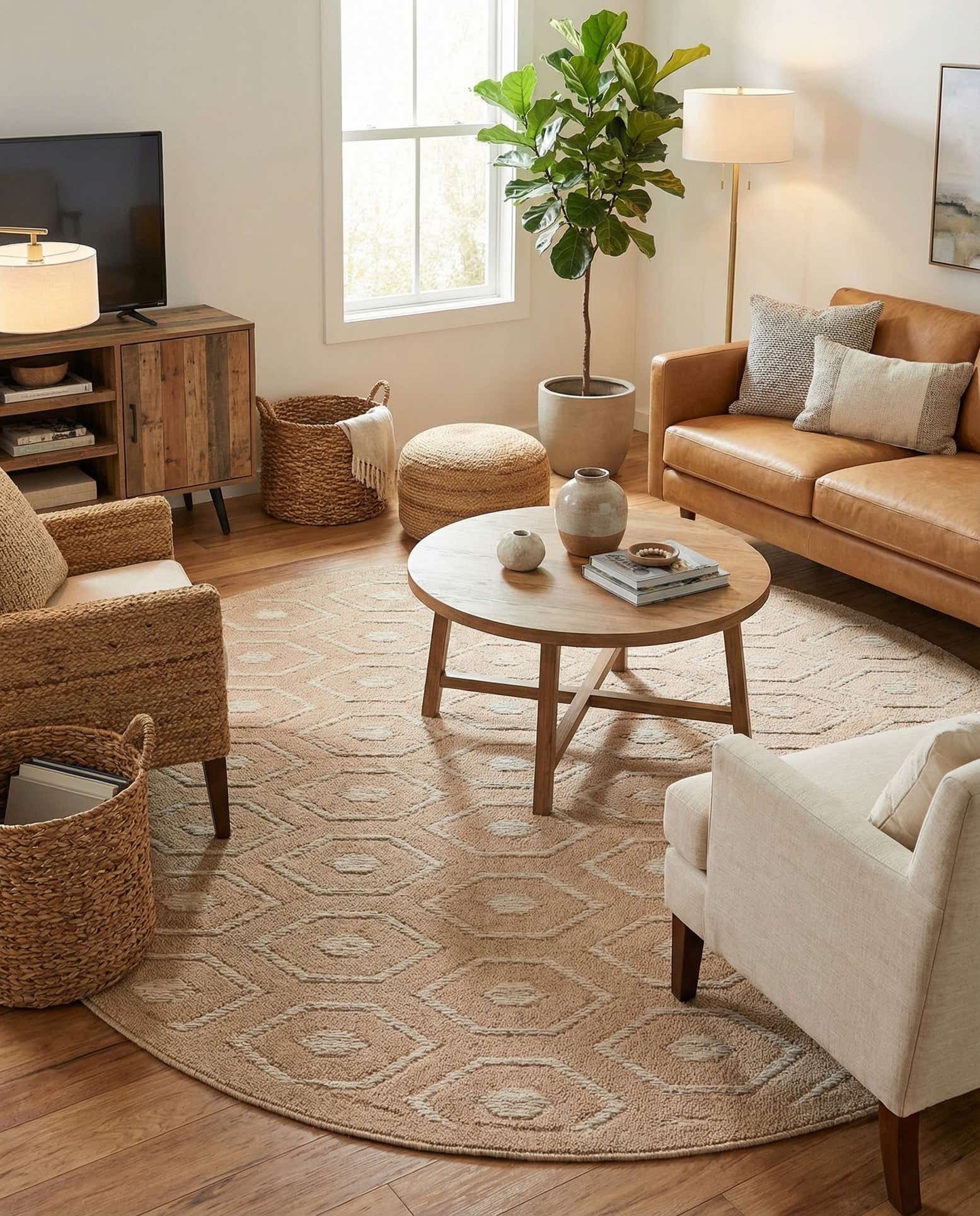 7' x 7' Easy-Clean Trellis Textured Indoor / Outdoor Round Rug