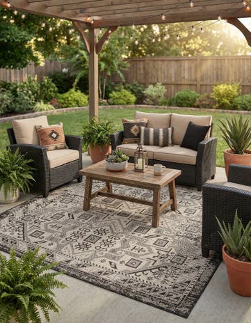 Charcoal Gray Easy-Clean Aztec Indoor / Outdoor Square Rug