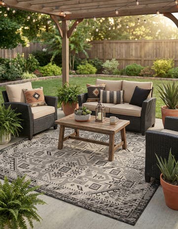 Charcoal Gray Easy-Clean Aztec Indoor / Outdoor Square Rug