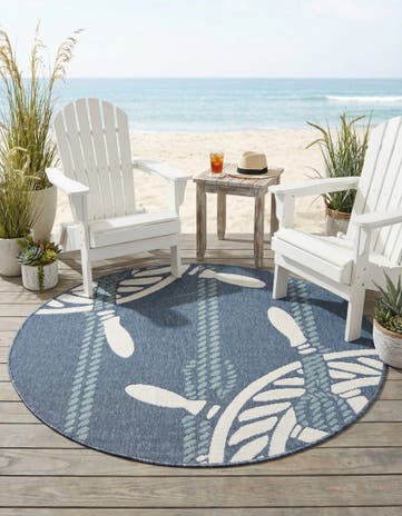 Navy Blue Easy-Clean Coastal Indoor / Outdoor Round Rug