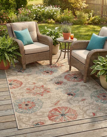 Beige Easy-Clean Botanical Indoor / Outdoor Rug