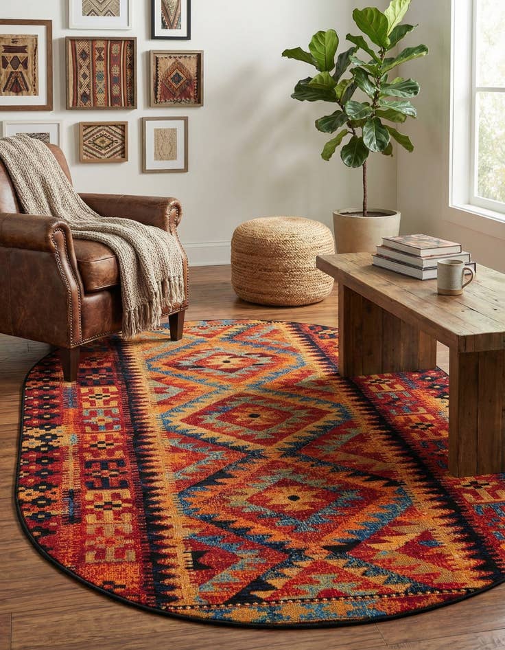 Detail image of 4' x 6' Easy-Clean Tribal Indoor / Outdoor Oval Rug