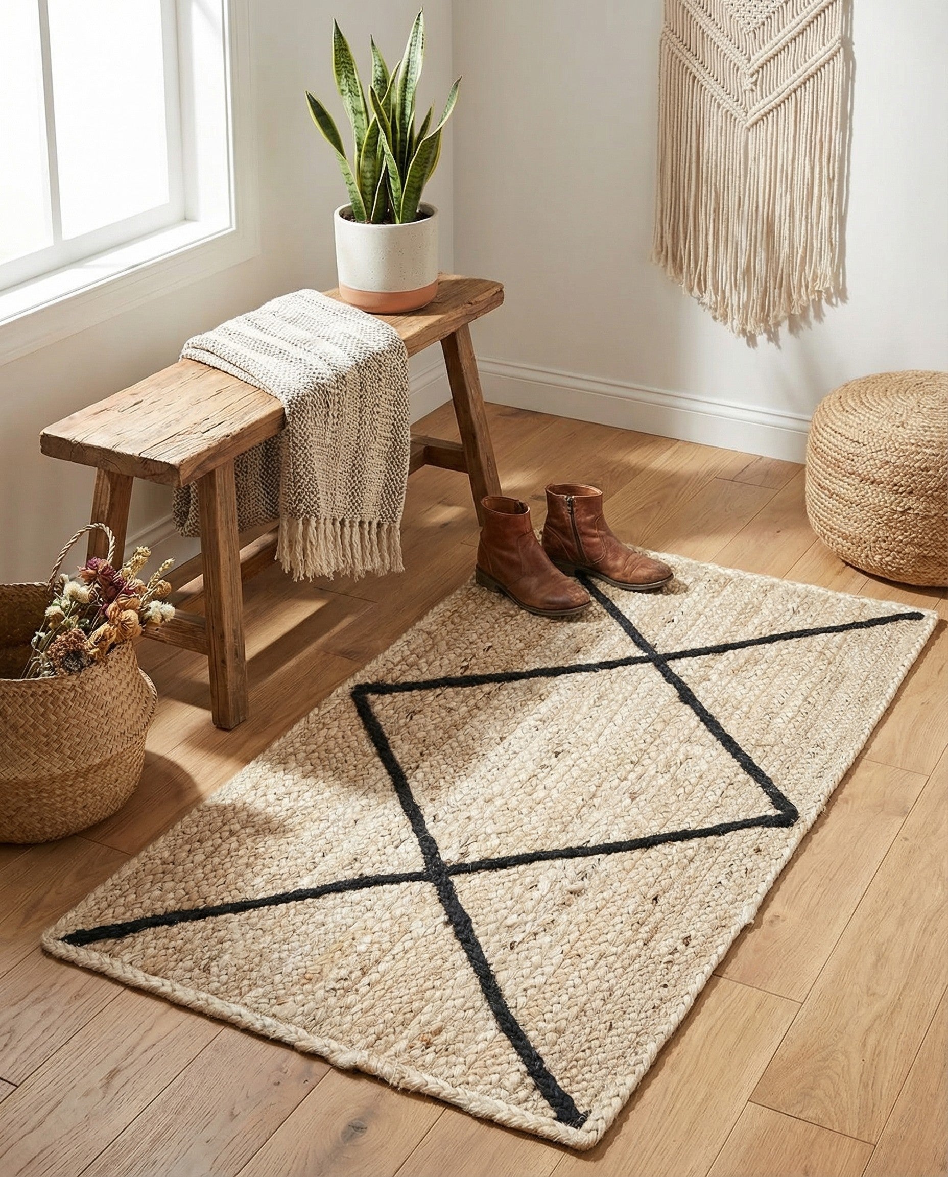 A 2x3 rectangular natural jute rug with a bold black minimalist geometric diamond pattern, suitable for an indoor space.