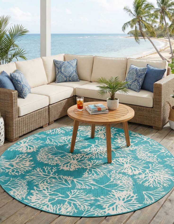 Detail image of 7' x 7'  Washable Coastal Indoor / Outdoor Round Rug
