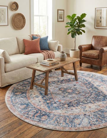 Navy Blue Washable Yara Round Rug