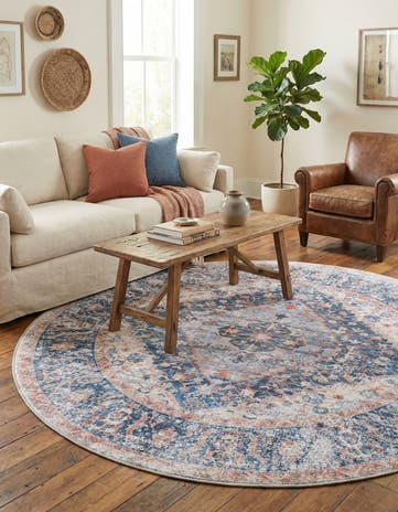 Navy Blue Washable Yara Round Rug