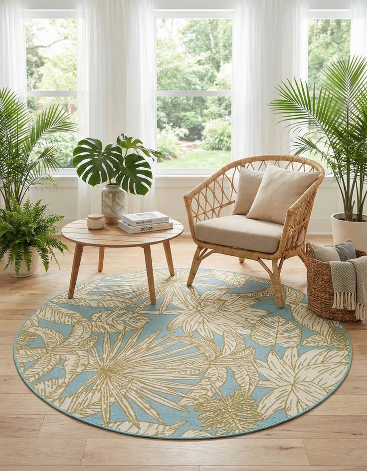 Detail image of 5' x 5'  Washable Botanical Indoor / Outdoor Round Rug