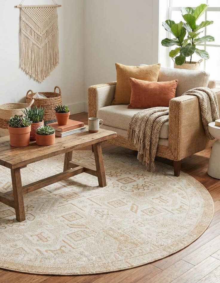 Detail image of 7' 10 x 7' 10  Washable Aztec Indoor / Outdoor Round Rug