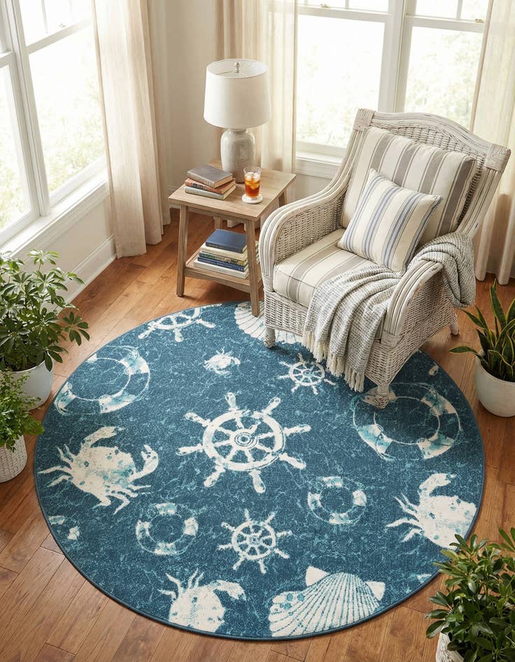 Detail image of 7' x 7' Easy-Clean Coastal Indoor / Outdoor Round Rug