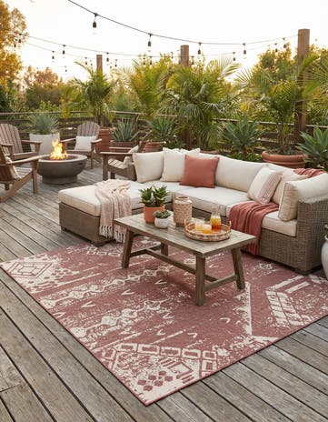 Rust Red Easy-Clean Bohemian Indoor / Outdoor Square Rug