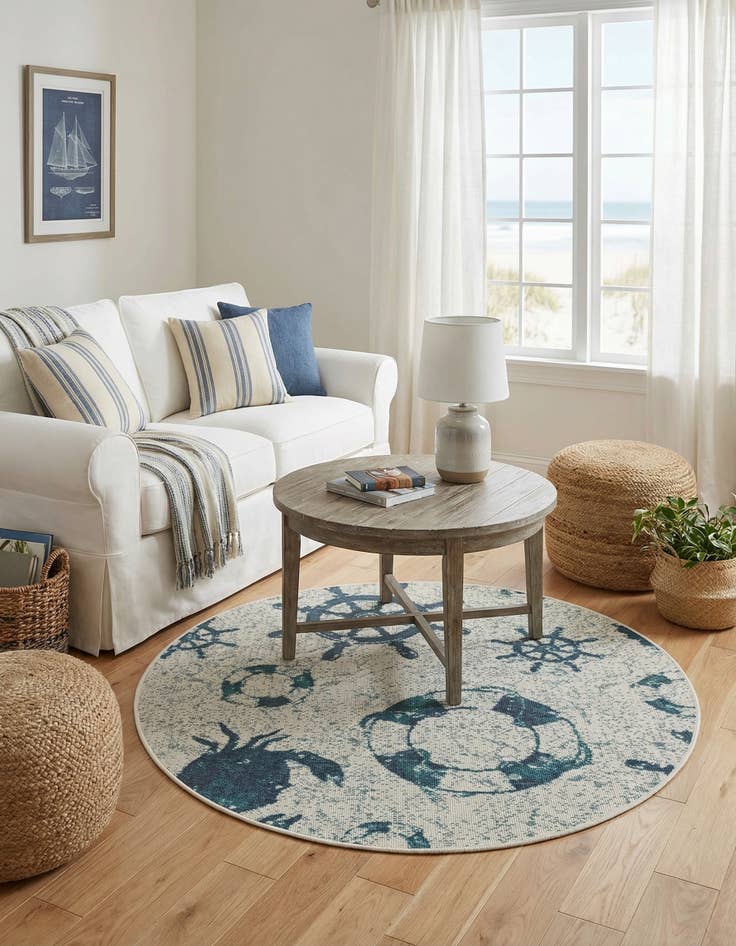 Detail image of 4' x 4'  Washable Coastal Indoor / Outdoor Round Rug