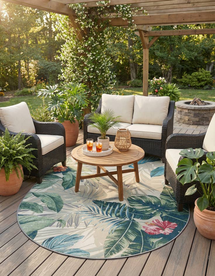 Detail image of 5' 3 x 8'  Washable Botanical Indoor / Outdoor Oval Rug