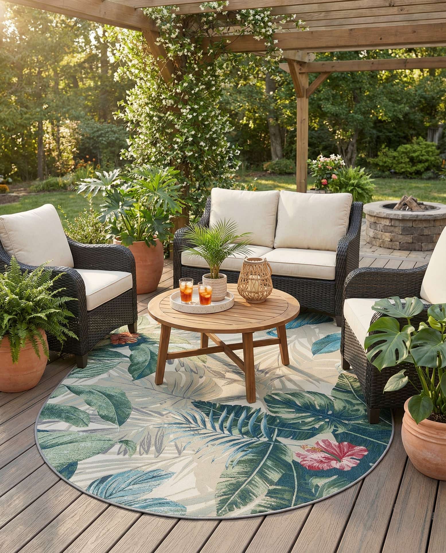 5' 3 x 8' Easy-Clean Botanical Indoor / Outdoor Oval Rug