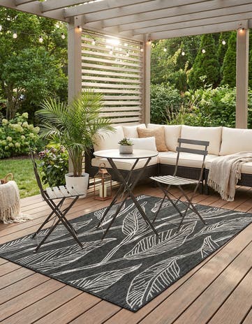 Ivory Charcoal Easy-Clean Botanical Indoor / Outdoor Rug
