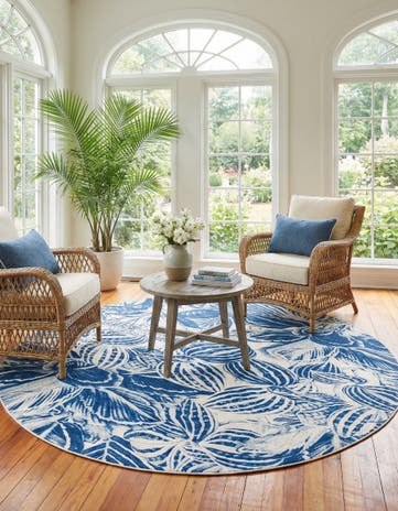 Navy Blue Blossom Round Rug