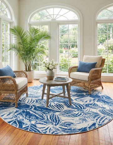Navy Blue Blossom Round Rug