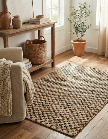 Black and Natural Hand Woven Checkered Jute Wool Rug