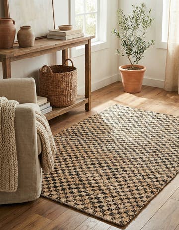 Black and Natural Hand Woven Checkered Jute Wool Rug