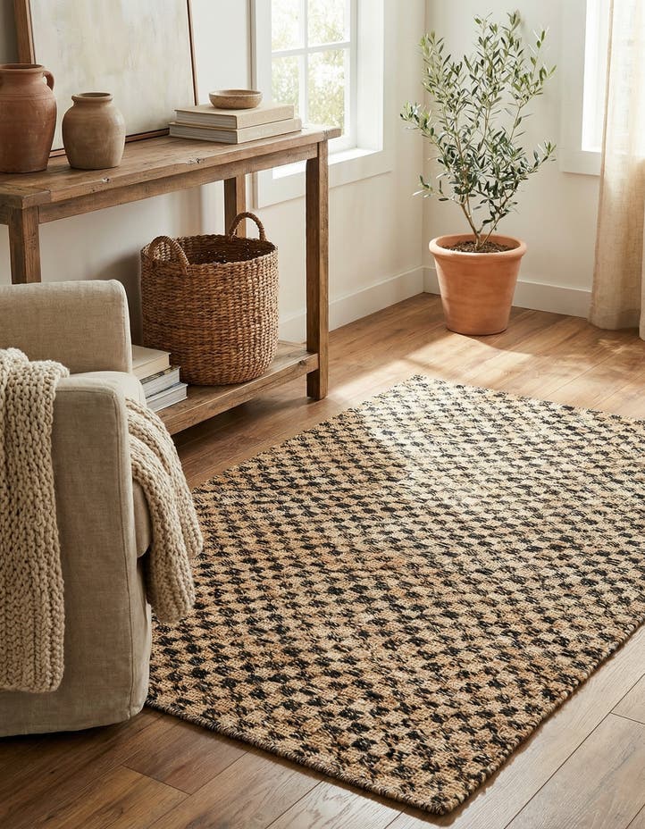 4' 1 x 6' 1 Hand Woven Checkered Jute Wool Rug