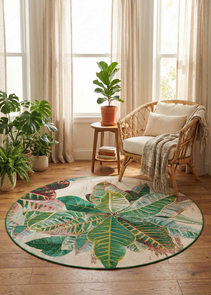 7' x 7' Easy-Clean Botanical Indoor / Outdoor Round Rug