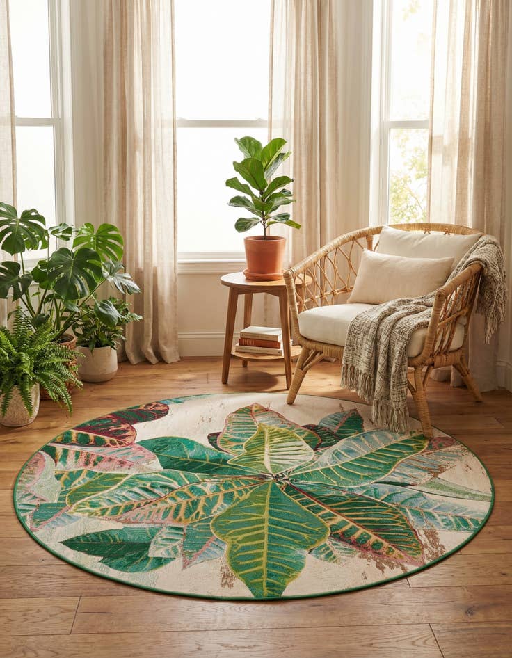 Detail image of  7' x 7'  Washable Botanical Indoor / Outdoor Round Rug