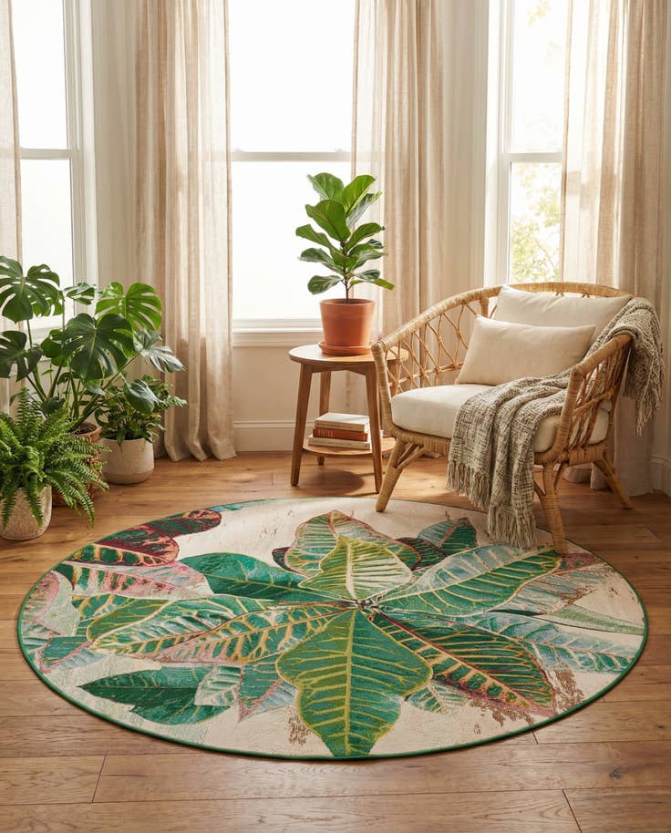 Detail image of 7' x 7' Easy-Clean Botanical Indoor / Outdoor Round Rug